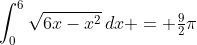 \displaystyle\int_0^6\sqrt{6x-x^2}\,dx = \tfrac{9}{2}\pi