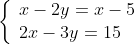 \displaystyle\left\{\begin{array}{ll}x-2y=x-5\\2x-3y=15\end{array}\right.
