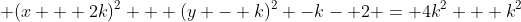 \displaystyle (x + 2k)^2 + (y - k)^2 -k- 2 = 4k^2 + k^2