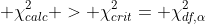 \displaystyle \chi^2_{calc} > \chi^2_{crit}= \chi^2_{df,\alpha}