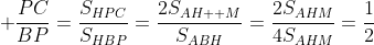 \displaystyle \frac{PC}{BP}=\frac{S_{HPC}}{S_{HBP}}=\frac{2S_{AH  M}}{S_{ABH}}=\frac{2S_{AHM}}{4S_{AHM}}=\frac{1}{2}