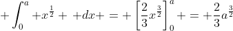 \displaystyle \int_0^a x^{\frac{1}{2}} \, dx = \left[\frac{2}{3}x^{\frac{3}{2}}\right]_0^a = \frac{2}{3}a^{\frac{3}{2}}