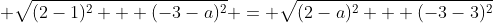 \displaystyle \sqrt{(2-1)^2 + (-3-a)^2} = \sqrt{(2-a)^2 + (-3-3)^2}