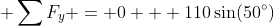 \displaystyle \sum{F_y} = 0 + 110\sin(50^\circ)