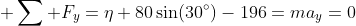 \displaystyle \sum F_y=\eta+80\sin(30^{\circ})-196=ma_y=0