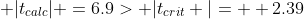 \displaystyle |t_{calc}| =6.9> |t_{crit} |=  2.39
