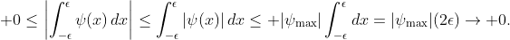 \displaystyle 0\le\left|\int_{-\epsilon}^{\epsilon}\psi(x)\,dx\right|\le\int_{-\epsilon}^{\epsilon}|\psi(x)|\,dx\le |\psi_{\max}|\int_{-\epsilon}^{\epsilon}dx=|\psi_{\max}|(2\epsilon)\to 0.