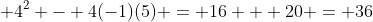 \displaystyle 4^2 - 4(-1)(5) = 16 + 20 = 36