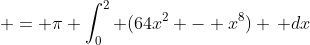 \displaystyle = \pi \int_0^2 (64x^2 - x^8) \, dx