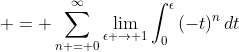 \displaystyle = \sum_{n = 0}^{\infty}{\lim_{\epsilon \to 1}\int_0^{\epsilon}{(-t)^n\,dt}}