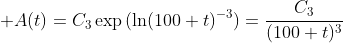 \displaystyle A(t)=C_3\exp{(\ln(100+t)^{-3})}=\frac{C_3}{(100+t)^{3}}