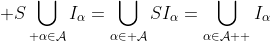 \displaystyle S\bigcup_{ \alpha\in\mathcal{A}}I_\alpha=\bigcup_{\alpha\in \mathcal{A}}SI_\alpha=\bigcup_{\alpha\in\mathcal{A  }}I_\alpha