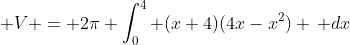 \displaystyle V = 2\pi \int_0^4 (x+4)(4x-x^2) \, dx