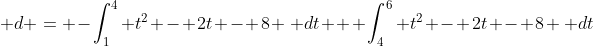 \displaystyle d = -\int_1^4 t^2 - 2t - 8 \, dt + \int_4^6 t^2 - 2t - 8 \, dt