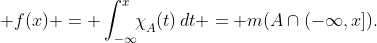 \displaystyle f(x) = \int_{-\infty}^x\!\!{\mathstrut\chi}_A(t)\,dt = m(A\cap(-\infty,x]).