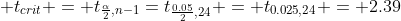 \displaystyle t_{crit} = t_{\frac{\alpha}{2},n-1}=t_{\frac{0.05}{2},24} = t_{0.025,24} = 2.39