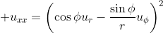 \displaystyle u_{xx}=\left(\cos{\phi}u_{r}-\frac{\sin{\phi}}{r}u_{\phi}\right)^2