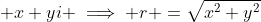 \displaystyle x+yi \implies r =\sqrt{x^2+y^2}