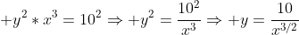\displaystyle y^2*x^3=10^2\Rightarrow y^2=\frac{10^2}{x^3}\Rightarrow y=\frac{10}{x^{3/2}}