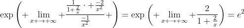 \exp\left( \lim_{x \to \infty} \frac{\frac{1}{1+\frac{2}{x}}\cdot \frac{-2}{x^2}}{\frac{-1}{x^2}} \right)=\exp\left( \lim_{x \to \infty} \frac{2}{1+\frac{2}{x}}\right)=e^2