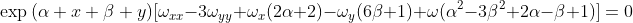 \exp{(\alpha x+\beta y)}[\omega_{xx}-3\omega_{yy}+\omega_{x}(2\alpha+2)-\omega_y(6\beta+1)+\omega(\alpha^2-3\beta^2+2\alpha-\beta+1)]=0