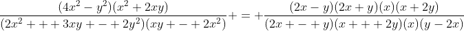 \frac{(4x^2-y^2)(x^2+2xy)}{(2x^2 + 3xy - 2y^2)(xy - 2x^2)} = \frac{(2x-y)(2x+y)(x)(x+2y)}{(2x - y)(x + 2y)(x)(y-2x)}