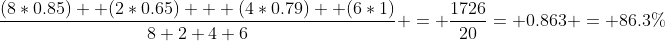 \frac{(8*0.85) +(2*0.65) + (4*0.79) +(6*1)}{8+2+4+6} = \frac{1726}{20}= 0.863 = 86.3\%