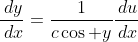 \frac{\,dy}{\,dx}=\frac{1}{c\cos y}\frac{\,du}{\,dx}