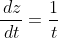 \frac{\,dz}{\,dt}=\frac{1}{t}