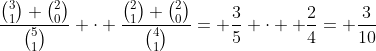 \frac{\binom{3}{1} \binom{2}{0}}{\binom{5}{1}} \cdot \frac{\binom{2}{1} \binom{2}{0}}{\binom{4}{1}}= \frac{3}{5} \cdot  \frac{2}{4}= \frac{3}{10}
