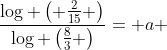 \frac{\log \left( \frac{2}{15} \right)}{\log \left(\frac{8}{3} \right)}= a 