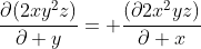 \frac{\partial(2xy^2z)}{\partial y}= \frac{(\partial2x^2yz)}{\partial x}