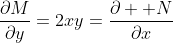 \frac{\partial{M}}{\partial{y}}=2xy=\frac{\partial  {N}}{\partial{x}}