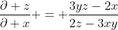 \frac{\partial z}{\partial x} = \frac{3yz-2x}{2z-3xy}