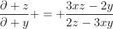 \frac{\partial z}{\partial y} = \frac{3xz-2y}{2z-3xy}