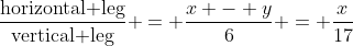 \frac{\text{horizontal leg}}{\text{vertical leg}} = \frac{x - y}{6} = \frac{x}{17}