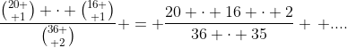 \frac{{20 \choose 1} \cdot {16 \choose 1}}{{36 \choose 2}} = \frac{20 \cdot 16 \cdot 2}{36 \cdot 35} \, ....