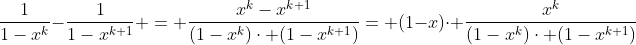 \frac{1}{1-x^k}-\frac{1}{1-x^{k+1}} = \frac{x^k-x^{k+1}}{(1-x^k)\cdot (1-x^{k+1})}= (1-x)\cdot \frac{x^k}{(1-x^k)\cdot (1-x^{k+1})}