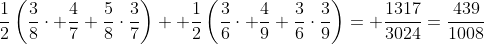 \frac{1}{2}\left(\frac{3}{8}\cdot \frac{4}{7}+\frac{5}{8}\cdot\frac{3}{7}\right)+ \frac{1}{2}\left(\frac{3}{6}\cdot \frac{4}{9}+\frac{3}{6}\cdot\frac{3}{9}\right)= \frac{1317}{3024}=\frac{439}{1008}