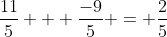 \frac{11}{5} + \frac{-9}{5} = \frac{2}{5}