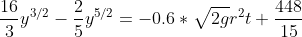 \frac{16}{3}y^{3/2}-\frac{2}{5}y^{5/2}=-0.6*\sqrt{2g}r^2t+\frac{448}{15}