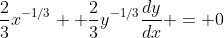\frac{2}{3}x^{-1/3} +\frac{2}{3}y^{-1/3}\frac{dy}{dx} = 0