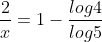 \frac{2}{x}=1-\frac{log4}{log5}