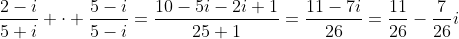 \frac{2-i}{5+i} \cdot \frac{5-i}{5-i}=\frac{10-5i-2i+1}{25+1}=\frac{11-7i}{26}=\frac{11}{26}-\frac{7}{26}i