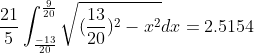 \frac{21}{5}\int_{\frac{-13}{20}}^{\frac{9}{20}}\sqrt{(\frac{13}{20})^{2}-x^{2}}dx=2.5154