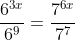 \frac{6^{3x}}{6^{9}}=\frac{7^{6x}}{7^7}
