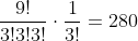 \frac{9!}{3!3!3!}\cdot\frac{1}{3!}=280