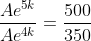 \frac{Ae^{5k}}{Ae^{4k}}=\frac{500}{350}