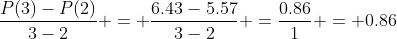 \frac{P(3)-P(2)}{3-2} = \frac{6.43-5.57}{3-2} =\frac{0.86}{1} = 0.86
