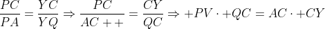 \frac{PC}{PA}=\frac{YC}{YQ}\Rightarrow\frac{PC}{AC  }=\frac{CY}{QC}\Rightarrow PV\cdot QC=AC\cdot CY